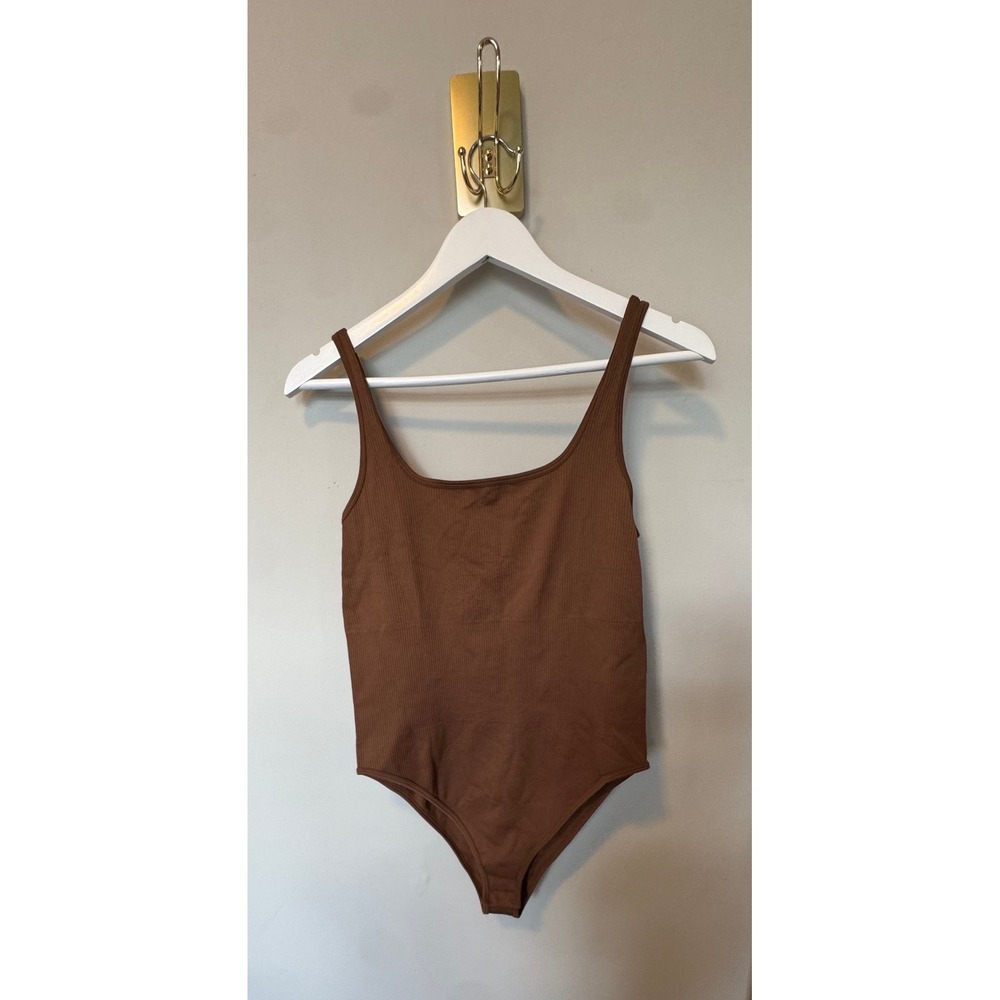 OQQ Ribbed Seamless Bodysuit Brown Square Neck Sleeveless XXL